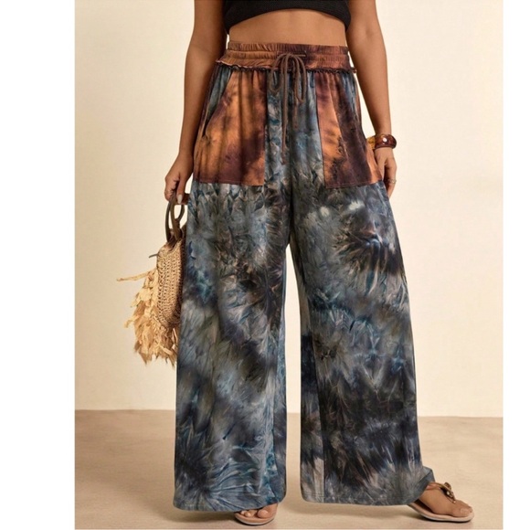 Plus Tie Dye Color Block Stretchy Waist Wide Leg Pants 1X 2X 3X 4X